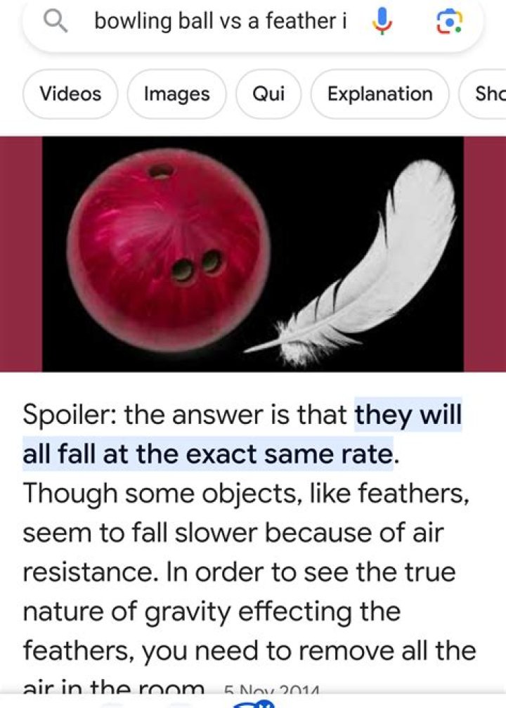 When a bowling ball and feather are dropped from the same height at the same time the bowling ball hits the ground first?